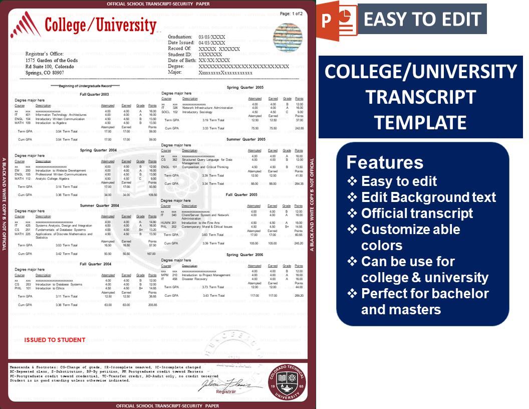 Editable University Transcript, College Transcript, Custum Transcript ...