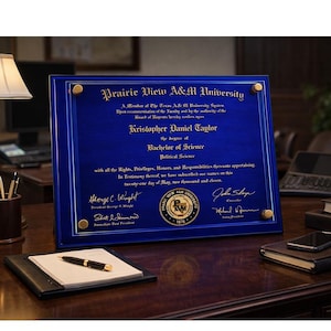 Puede incluir: Un diploma enmarcado de la Universidad Prairie View A&M. El marco de madera azul contiene un certificado de Licenciatura en Ciencias Políticas. Se ven detalles y texto dorados, junto con el sello de la universidad.