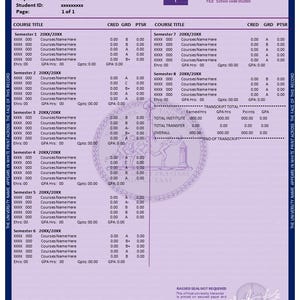 May include: Official academic transcript with a blue border. The document includes the university name, student information, course titles, grades, and a raised seal statement. The transcript is printed on secured paper.