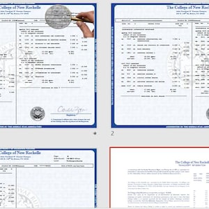 May include: Four images of official documents from The College of New Rochelle, featuring text and a college seal. The documents have a blue border and are printed on white paper. The text includes student information and academic records.