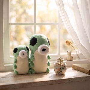 Peut inclure: Deux peluches en forme de chenilles avec un corps vert clair, un ventre crème, de grands yeux ovales noirs et une petite bouche ronde blanche. Les jouets sont placés côte à côte, l'un étant nettement plus grand que l'autre.