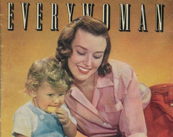May include: A vintage magazine cover featuring a woman in a pink and white striped shirt holding a young child. The magazine is titled "Everywoman" and the cover text reads "Has the family got a future?" - see page 12.
