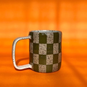 11 oz Checkered Mug, Green, Handmade