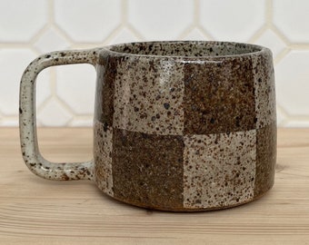 16 oz Checkered Ceramic Mug, White, Handmade