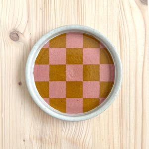 Ceramic Trinket Dish, Pink and Orange Checkered, Handmade