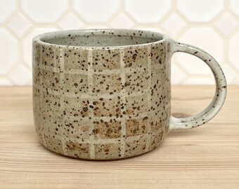 16 oz Checkerboard Ceramic Mug, Light Green/Beige, Handmade