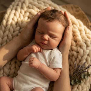 Handgefertigte, 45 cm große, realistische Reborn-Puppe. Lebensechtes, schlafendes Mädchen mit beschwertem, weichem Körper und Silikongliedmaßen. Hochwertiges Kunstwerk für Sammler.