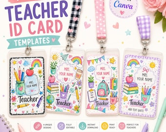 Editable Teacher ID Card Templates | Pastel Watercolor Doodle Designs (Instant Download)