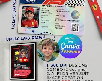 Editable Formula 1 Scuderia Ferrari Kids Driver License  and playcard Canva Template (Digital Download)