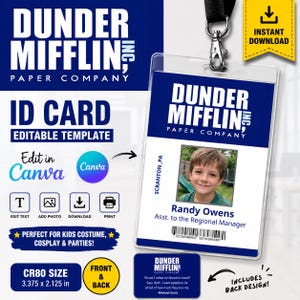 May include: Dunder Mifflin ID card template, editable in Canva. Features a photo of Randy Owens, Asst. to the Regional Manager. Includes front and back design, perfect for kids' costumes and parties. Card size: 3.375 x 2.125 inches.