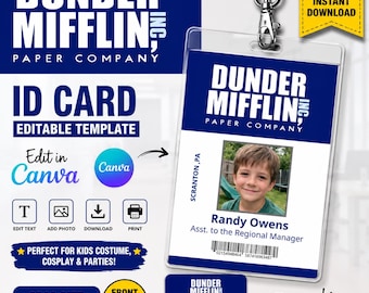 Dunder Mifflin ID Card Template Editable Canva, The Office Kids Cosplay Badge, Printable CR80 ID Card, Halloween Costume Prop