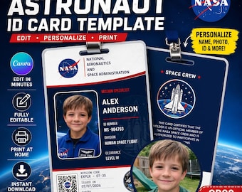 Bearbeitbare Astronaut ID-Kartenvorlage, Kinder NASA Abzeichen, Space Party Namensschild (Digitaler Download)