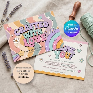 Retro Pastel Thank You Card Template: Editable kawaii Canva Small Business Insert (Digital Download)