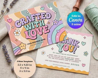 Retro Pastel Thank You Card Template: Editable kawaii Canva Small Business Insert (Digital Download)