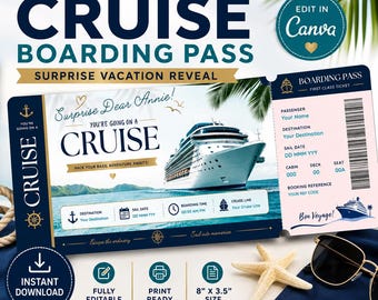 Editable Cruise Boarding Pass, Surprise Cruise Vacation Reveal Ticket, Canva Cruise Ticket Template, Printable Vacation Gift