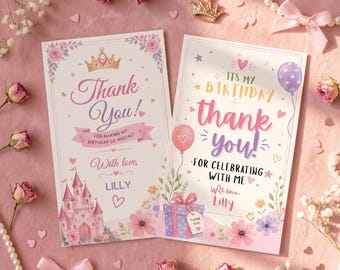 Editable Princess Birthday Thank You Card Canva Template Bundle (Digital Download)