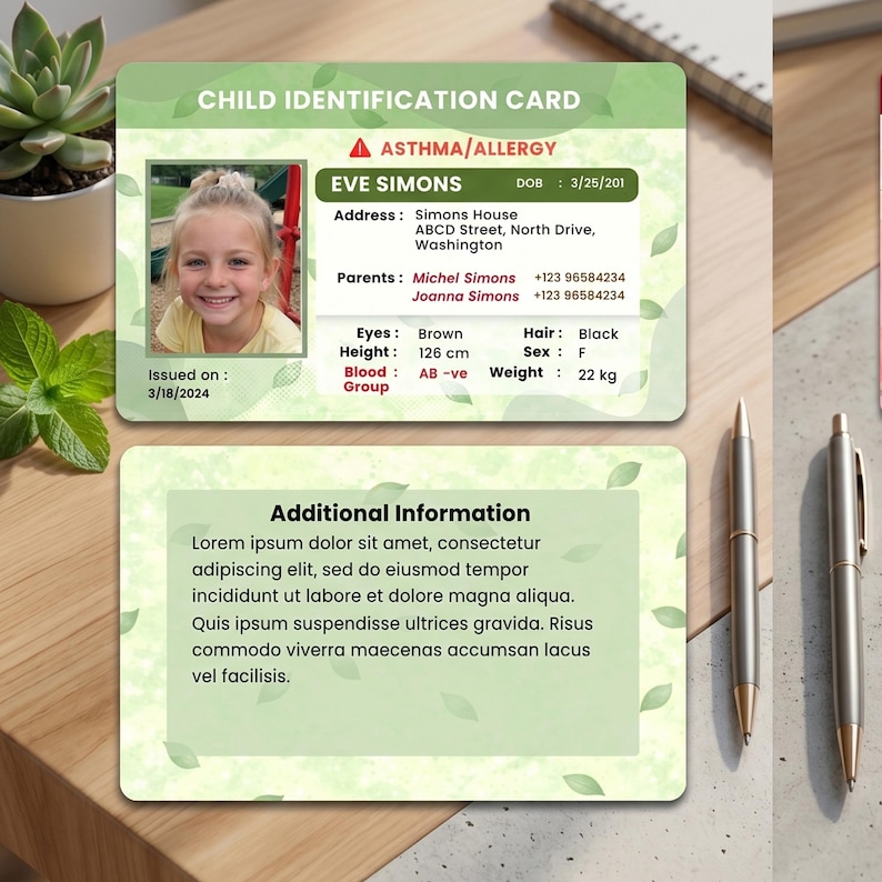 Editable Child ID Card Canva Template | Safety Medical Alert (3 Designs ...