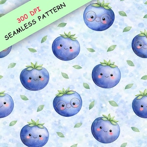 Könnte beinhalten: Nahtloses Muster mit lächelnden Cartoon-Blaubeeren und grünen Blättern auf hellblauem Hintergrund. Einige Blaubeeren tragen Brillen. Der Text "300 DPI SEAMLESS PATTERN" befindet sich in einem grünen Rechteck.