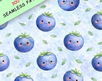 Kawaii Blueberry Seamless Pattern  Watercolor Fruit Digital Paper Nursery Fabric  Commercial Use for POD
