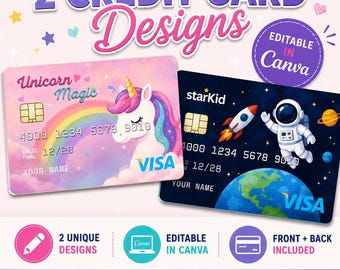 Editable Kids Credit Card Canva Template: Unicorn & Space Designs (Digital Download)