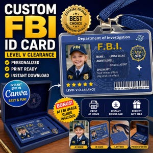 May include: Custom FBI ID card featuring a child in an FBI uniform. The blue card displays "FBI" and "Level V Clearance." The image also shows a presentation box, lanyard, and an AI image guide.