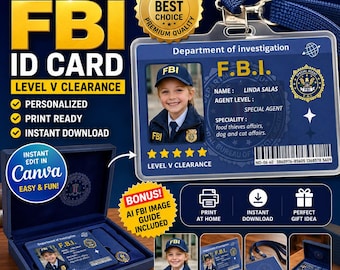 Editable Canva Kids FBI ID Badge Custom Template Pretend Play Police Printable Prop Card