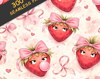 Kawaii Strawberry Seamless Pattern, Pink Bows Hearts Digital Paper (300 DPI)