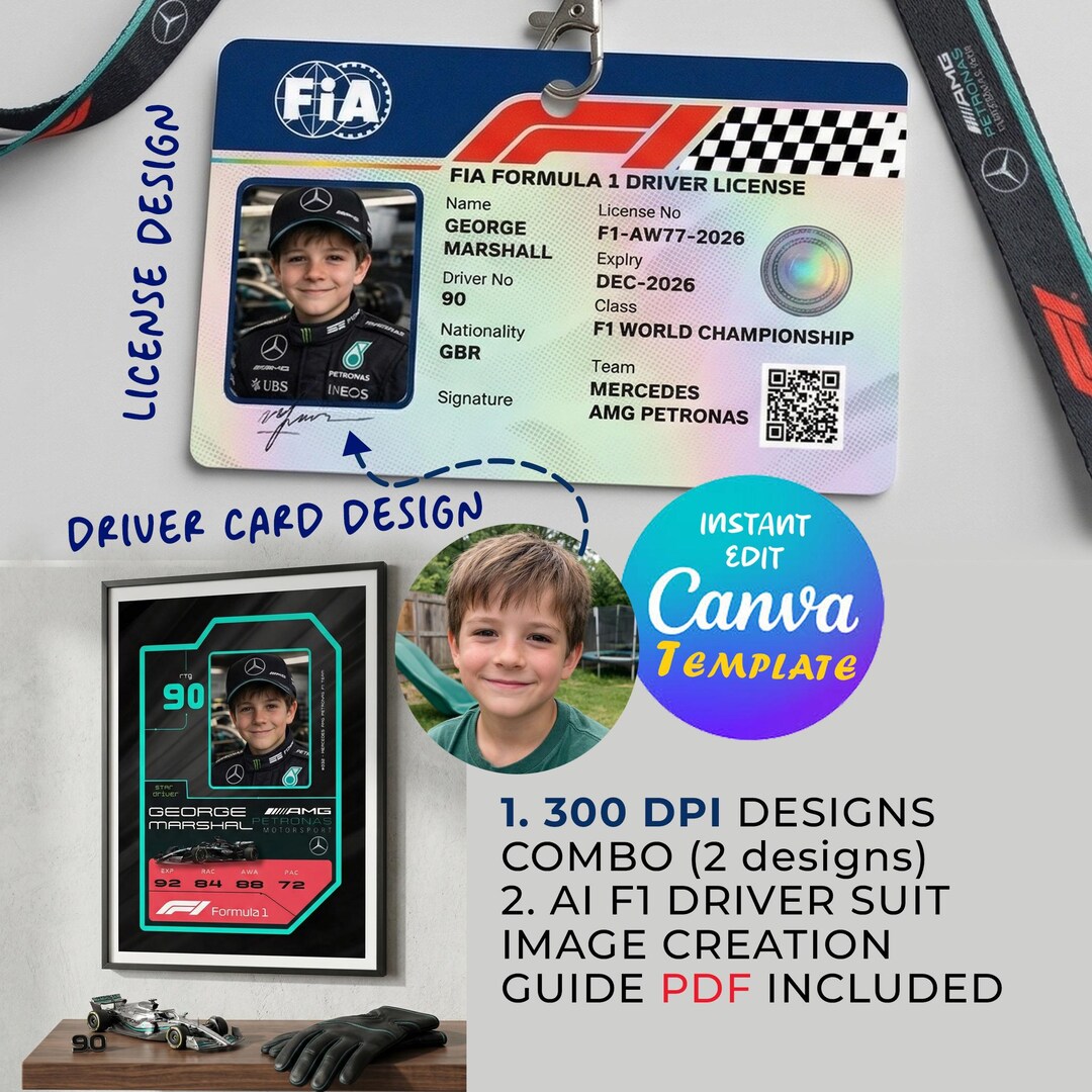 Editable Formula 1 Mercedes Kids Driver License and Playcard Canva ...