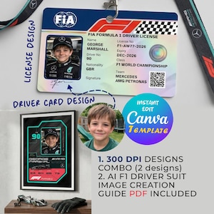 Puede incluir: Una plantilla de diseño digital que presenta una licencia de conducir de piloto de Fórmula 1 y una tarjeta de piloto enmarcada. La licencia incluye el nombre, la foto y los detalles del equipo del piloto. La tarjeta enmarcada tiene un diseño similar. También incluye el texto "Instant Edit Canva Template".