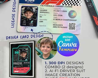 Editable Formula 1 Mercedes Kids Driver License  and playcard Canva Template (Digital Download)