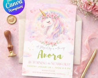 Unicorn Birthday Invitation, Watercolor Rainbow Party Invite (Canva Template)
