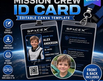Bearbeitbarer Kinder SpaceX ID-Kartenvorlage, Weltraum-Mission Crew-Abzeichen (Digitaler Download)