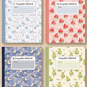 May include: Four composition notebooks with unique covers. One features white polar bears in blue scarves on a light blue background. Another has watermelon slices on a pink background. The third has moons and stars on a blue background. The last has pears.