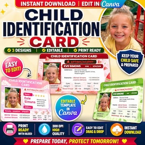 Puede incluir: Plantilla digital de tarjeta de identificación infantil, lista para descargar y editar en Canva. El diseño incluye espacio para una foto, datos personales e información médica. La tarjeta está lista para imprimir. La altura del niño es de 126 cm y el peso es de 22 kg.