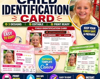 Editable Child ID Card Canva Template | Safety Medical Alert (3 Designs Pack)