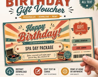 Retro Birthday Gift Voucher Template | Editable Canva Birthday Certificate (Digital Download)
