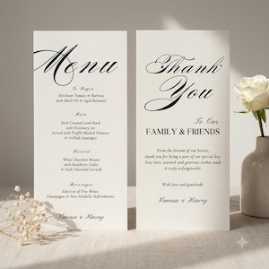 May include: Two vertical white paper cards featuring black printed text. The left card is a menu listing courses from appetizers to beverages, signed by Vanessa & Harvey. The right card is a thank you note to family and friends, also signed by the couple.