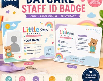 Daycare Staff ID Badge Template, Editable Canva Childcare Employee ID Card