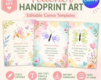 Kids Handprint Art for Teacher Editable Thank You Gift, Preschool Graduation Craft Daycare Keepsake Printable Butterfly  Canva Template