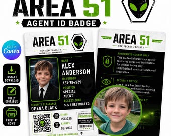 Bearbeitbares Bereich 51-Mittel-ID-Abzeichen, Sci-Fi-Kostümkarte für Kinder (Digitaler Download)