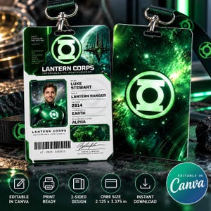 May include: Two-sided Green Lantern Corps identification badge featuring a space-themed background, the Lantern Corps logo, and a portrait of Luke Stewart. The card displays text including name, rank, sector 2814, homeworld Earth, and clearance level Alpha.