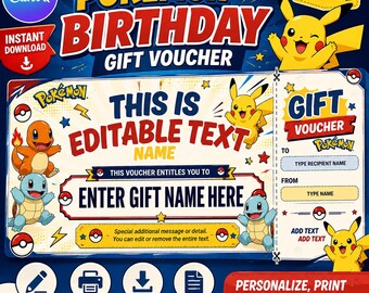 Pokemon Birthday Gift Voucher Template | Editable Canva Birthday Coupon | Printable Pokemon Gift Certificate | Personalized Birthday Gift