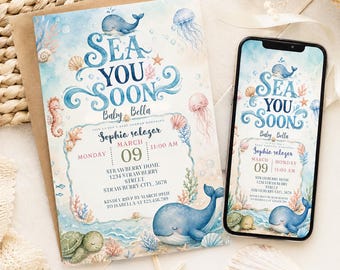 Ocean Baby Shower Invitation Template | Watercolor Whales, Seashells (Digital Download)