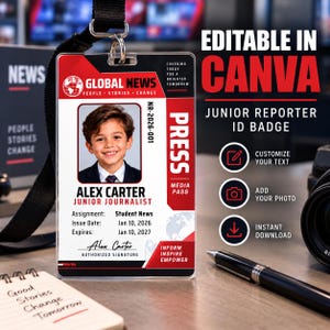 Redigerbar Canva-mall för ID-bricka för barnnyhetsreportrar för låtsasspel för journalister (digital nedladdning)
