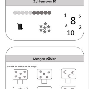 May include: A black and white educational worksheet with the text "Mein Mengenheft Zahlenraum 10" and "Mengen zählen". The worksheet includes number recognition, counting exercises, and visual representations of quantities using dots, tally marks, and stars.