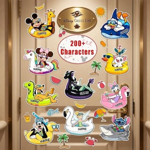 May include: A collection of Disney Cruise Line door decorations featuring various characters in inflatable floats. The decorations include Mickey Mouse, Minnie Mouse, Donald Duck, and others. The text "200+ Characters" is also visible.