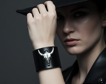 Black Leather Cuff Bracelet with Bull Skull | Western Gothic Statement Wristband | Wide Boho Rocker Bracelet | Handmade Custom Size