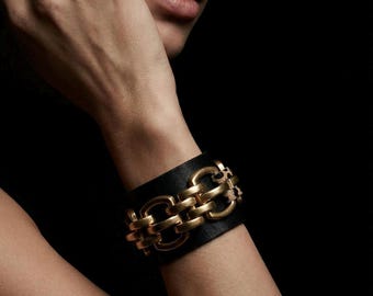 Handmade Black Leather Cuff Bracelet – Vega – Gold Chain Detail with Leopard Hair-On Leather – Luxury Jewelry Gift for Women