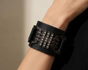 Handmade Black Leather Cuff Bracelet – Canyon – Wide Leather Cuff with Crystal Bar Detail – Leather Jewelry Gift for Women