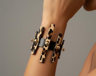 Black Leather Cuff Bracelet with Leopard Detail, Bold Statement Bracelet, Wide Leather Wristband, Chunky Luxury Jewelry, Gift for Wild Women